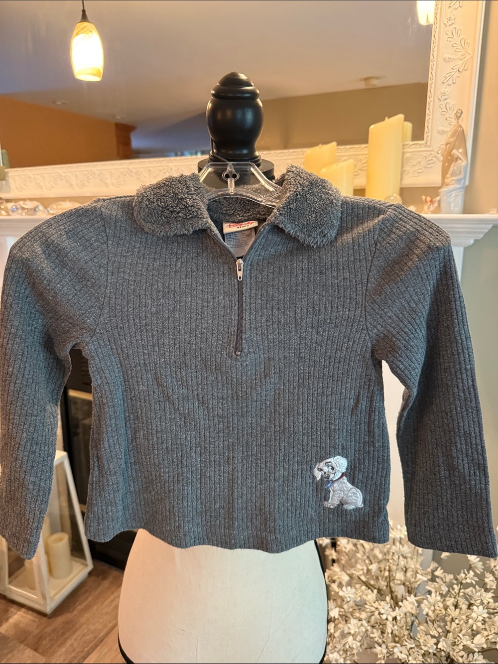 Disney Gray Ribbed Half-Zip Sherpa Collar Pullover with Puppy Patch